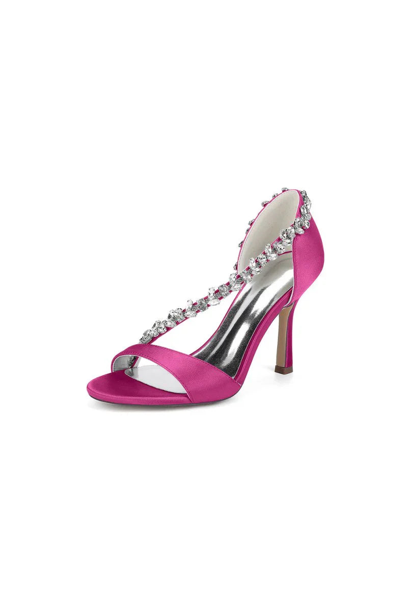 White Satin High Heels with Crystal and Chain Embellishments