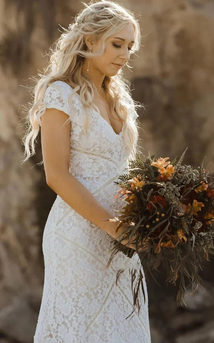 Modest Sheath Square V neck Lace Wedding Dress with Short Sleeve Sweep Train