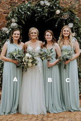 Grey Green Chiffon Spaghetti Straps A Line Long Bridesmaid Dress