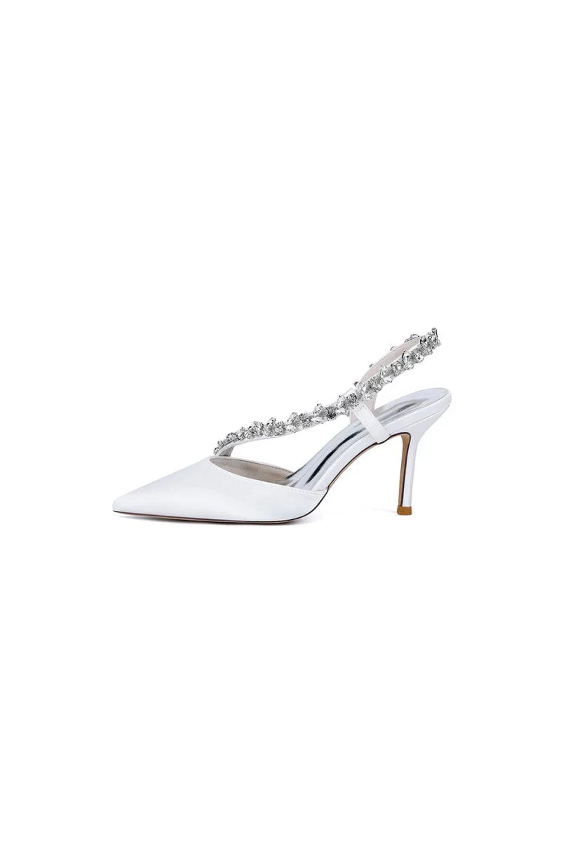 White Satin High Heels with Crystal Embellishments