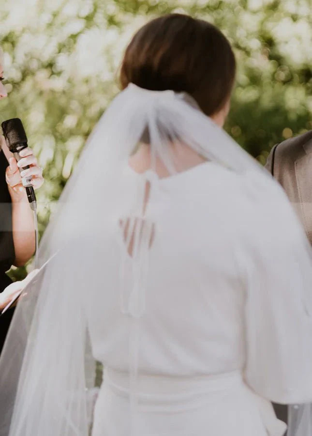 Simple Elegant Half Sleeves Crepe O Neck White Wedding Dresses with Sash