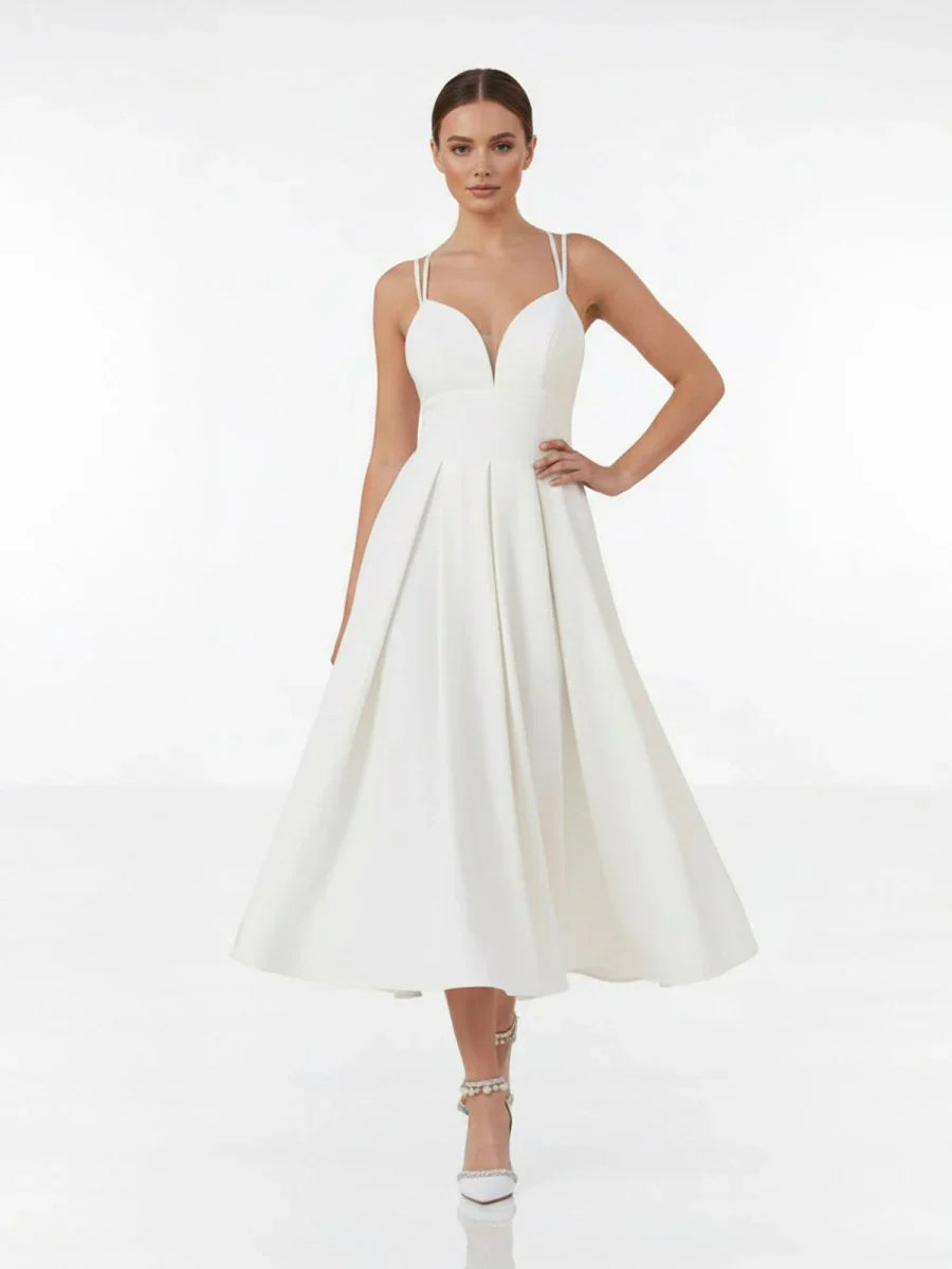 A Line V Neck Sleeveless Satin Knee Length Wedding Dress