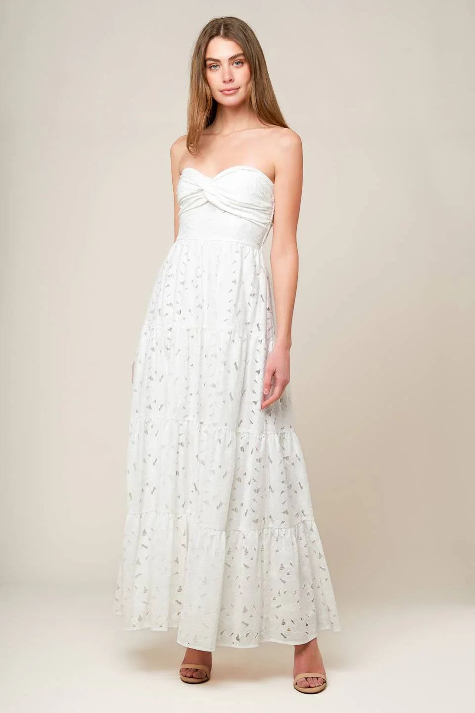 WISHING WELL STRAPLESS WHITE LACE MAXI DRESS
