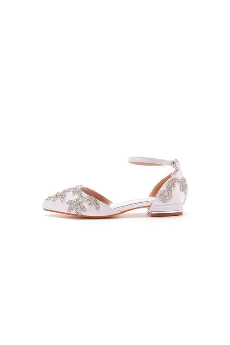 White Satin Rhinestone Flowers Pointed Toe Ankle Strap Chunky Heels