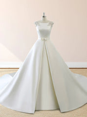 White Satin Cap Sleeve Lace Up Wedding Dress With Pearls
