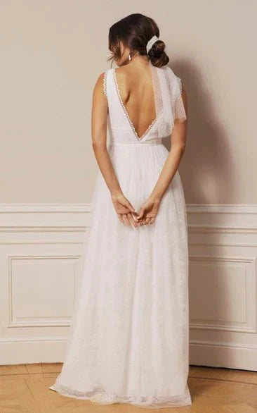 Bohemian Lace Tulle Plunging Neckline A Line Floor length Deep V Back Wedding Dress