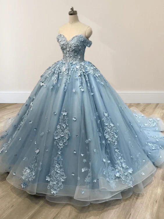 Acacia Lace Dusty Blue Off the Shoulder Ball Gown Quinceanera Dresses