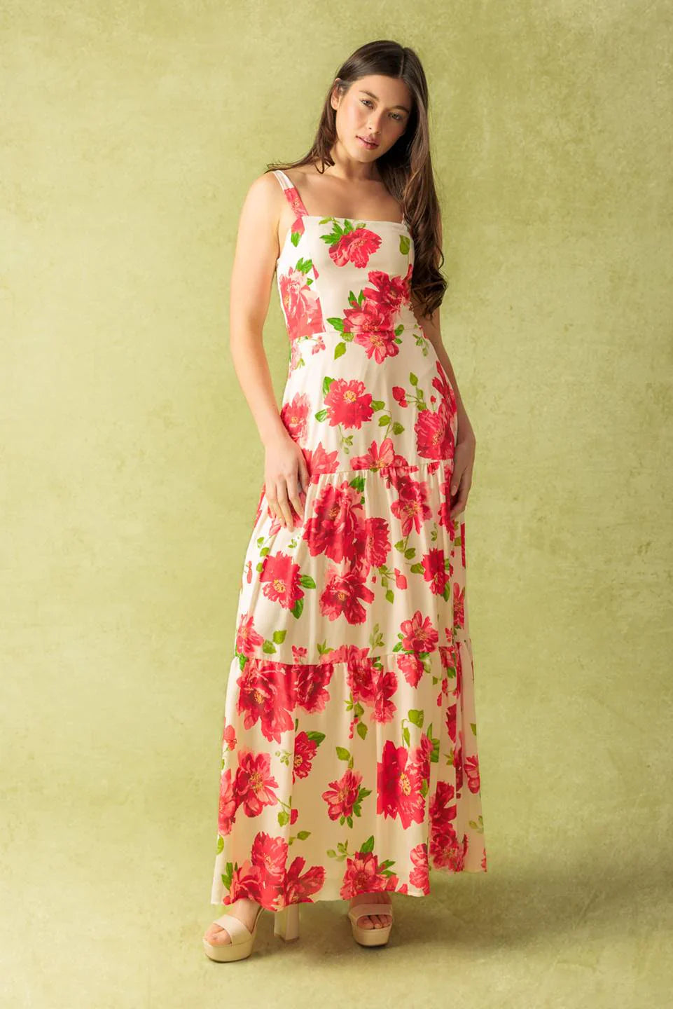 CRIMSON BLOOMS RED FLORAL MAXI DRESS