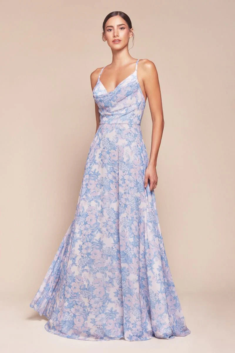 IRIS GOWN BLUE A LINE SOFT CHIFFON PRINT DRESS