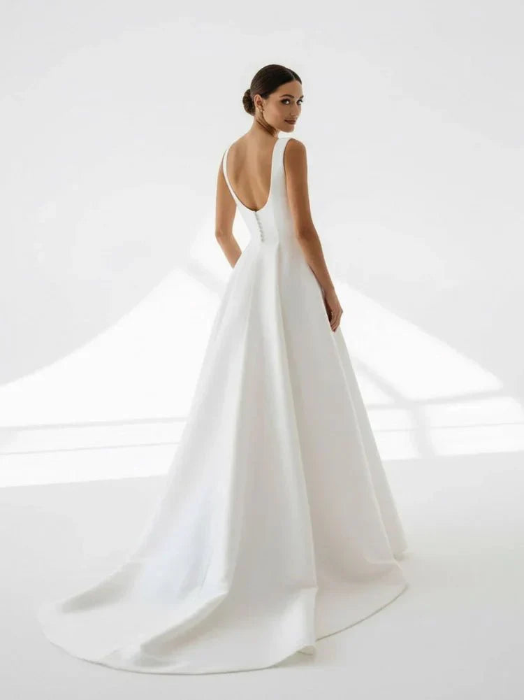 Simple A Line Square Neck White Satin Wedding Dresses