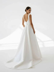Simple A Line Square Neck White Satin Wedding Dresses