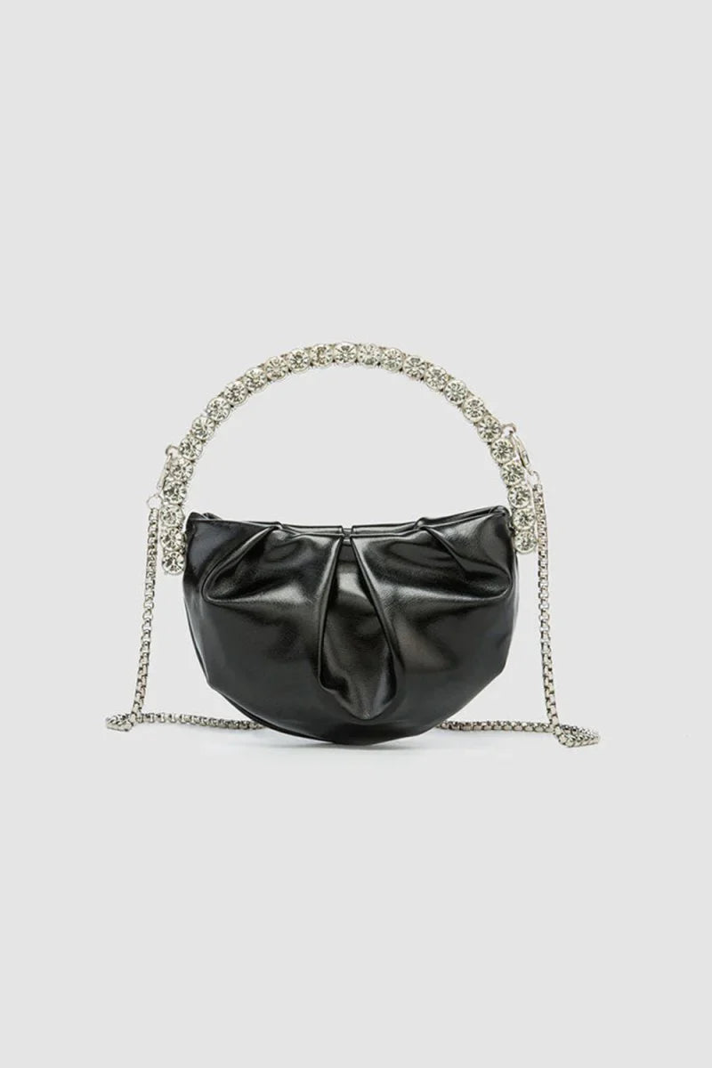 Womens Rhinestone Handle Metallic Slouchy Evening Clutch Bags