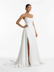 A Line Strapless White Satin Wedding Dresses with Slit
