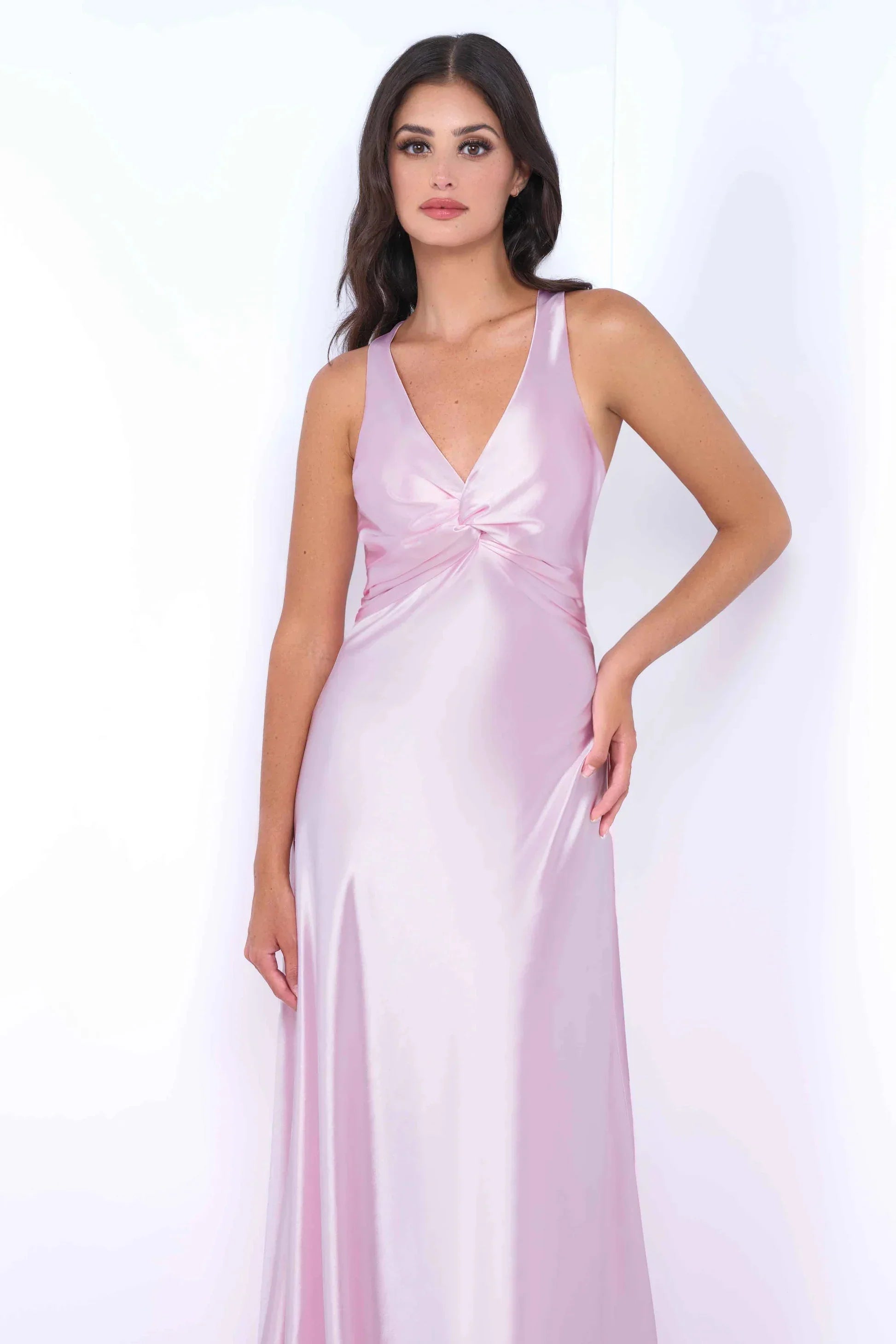 Odette Maxi Dress Pink Open Back With Adjustable Bow Tie Detail