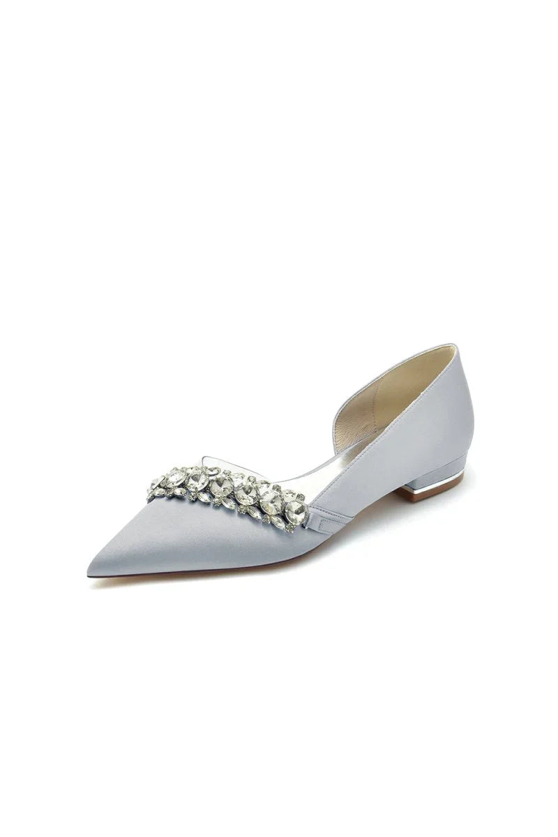 Pointed Toe Slip on Satin Low Heels With Rhinestone