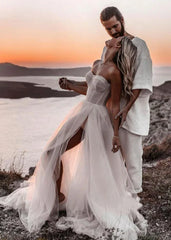 Romantic A Line Sweetheart Tulle Beach Wedding Dresses with Slit