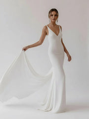 Mermaid Deep V Neck Backless White Wedding Dress