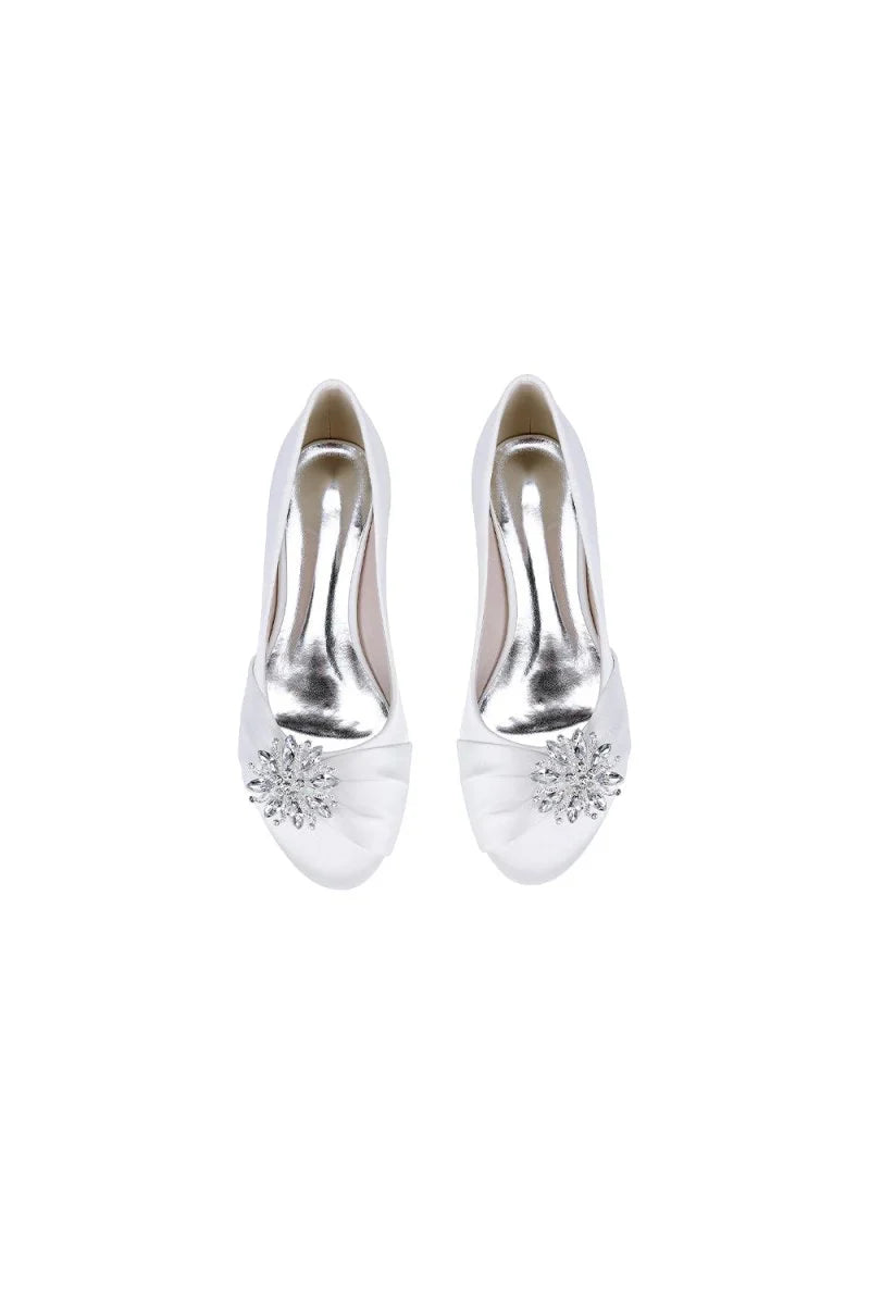Navy Blue Flat Shoes with Crystal Flower Decoration