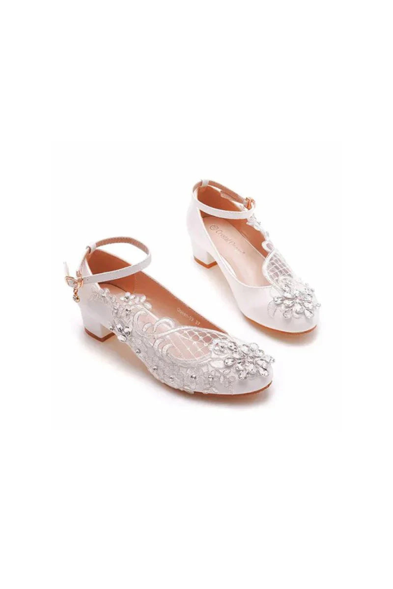 Round Toe Lace Rhinestones Ankle Strap Chunky Heel Wedding Shoes