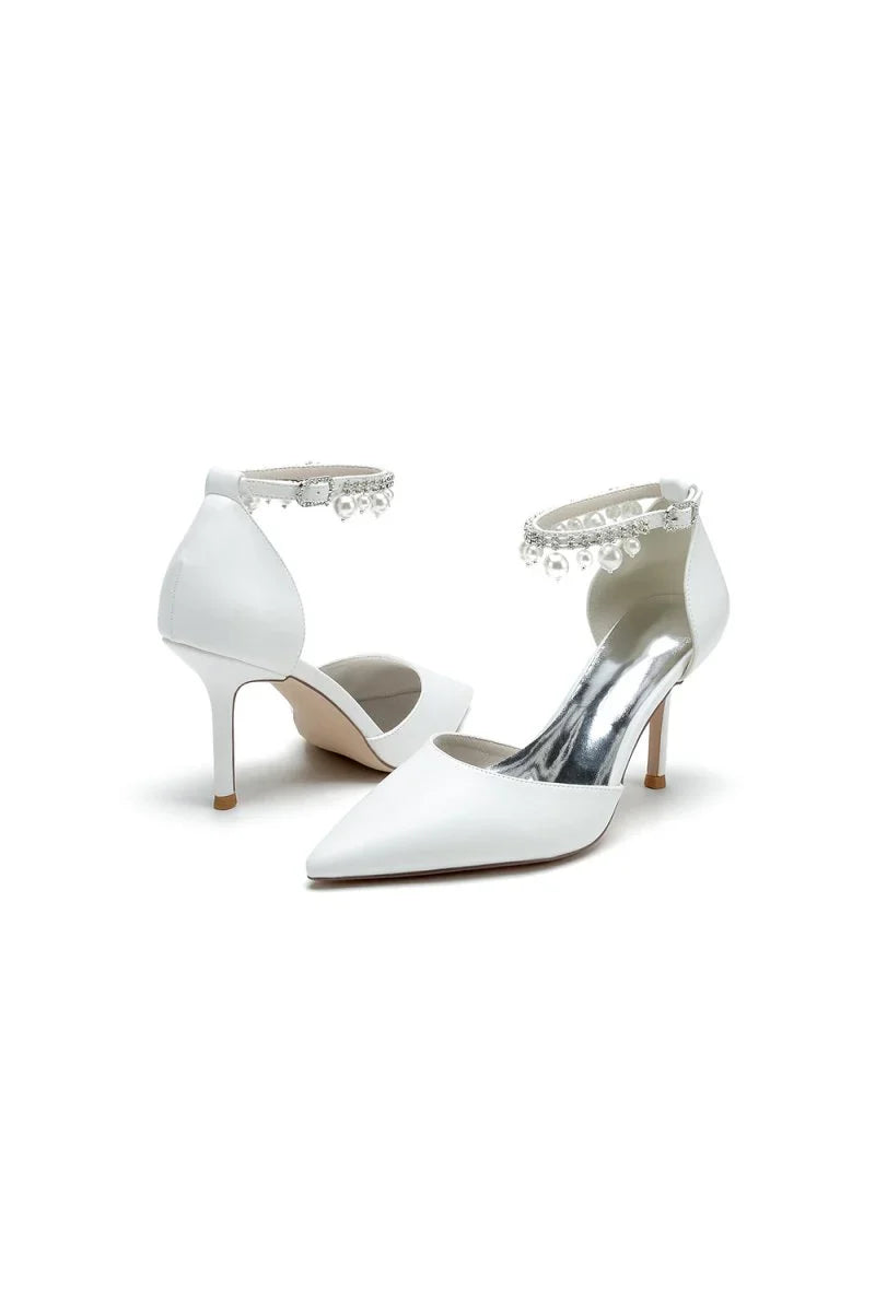 Satin Pointed Toe Pearl Beaded Ankle Strap Simple Wedding Shoes