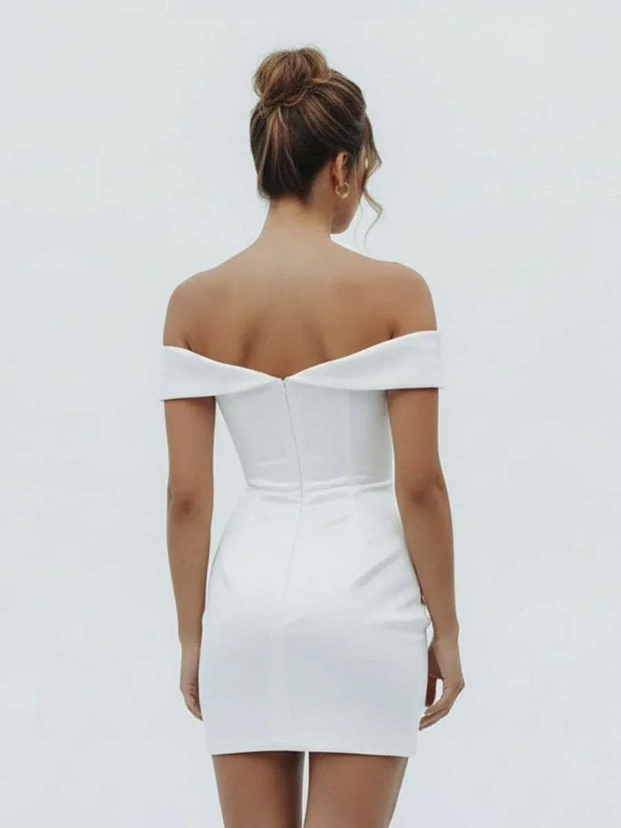 Sheath Off the Shoulder Satin Simple Wedding Dress Sleeveless Short Hemline