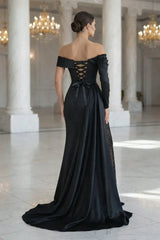 Sheath Off The Shoulder Long Sleeves Satin Sequined Prom Dresses