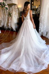 Ivory A Line Deep V Neck Backless Long Wedding Dress with Lace