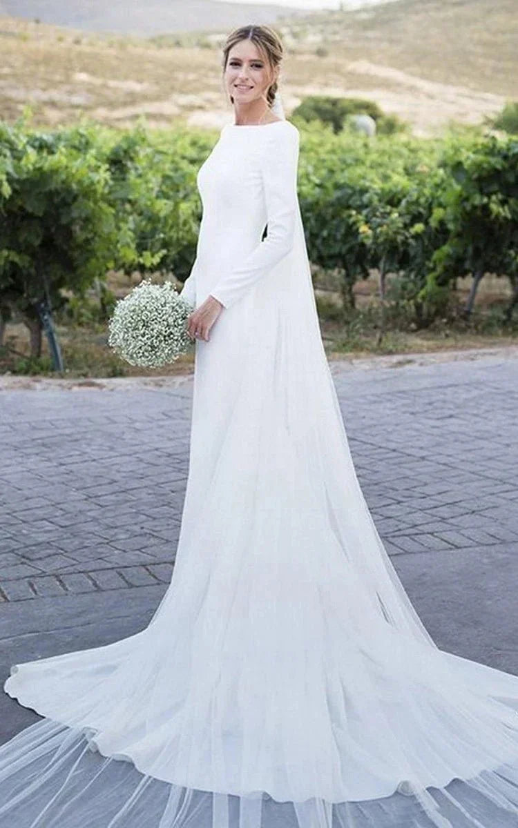 Simple Chiffon Sheath Bateau neck Deep V Back Bridal Gown with Chapel Train