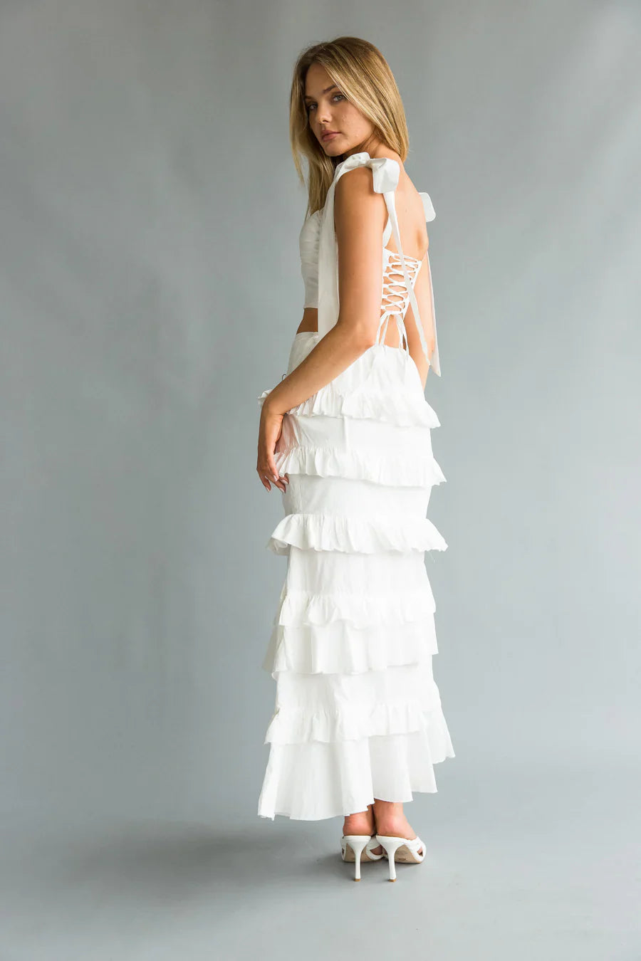 Dawn Bow Strap Bustier Top Tiered Ruffle Skirt Set