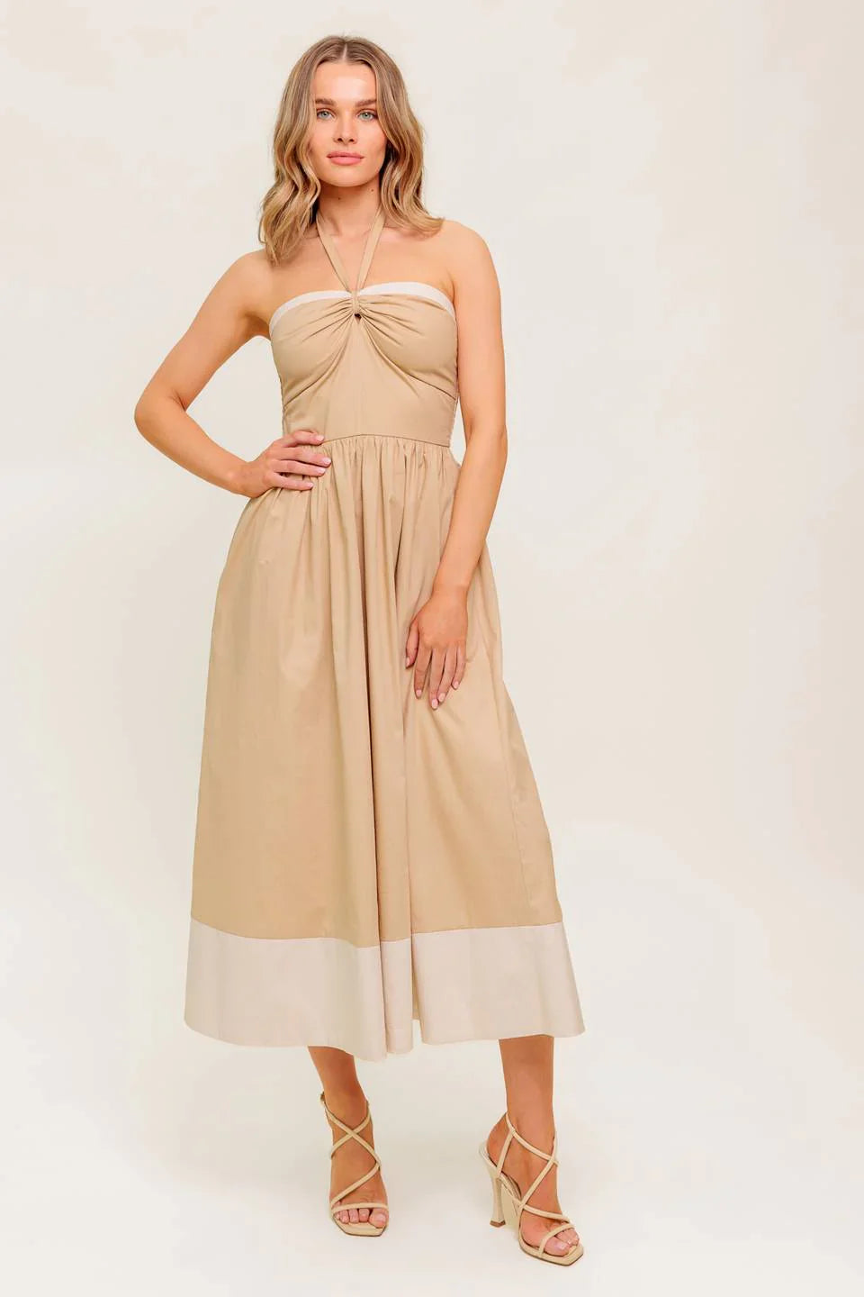 HYDRANGEA HAZE HALTER MIDI DRESS TAUPE