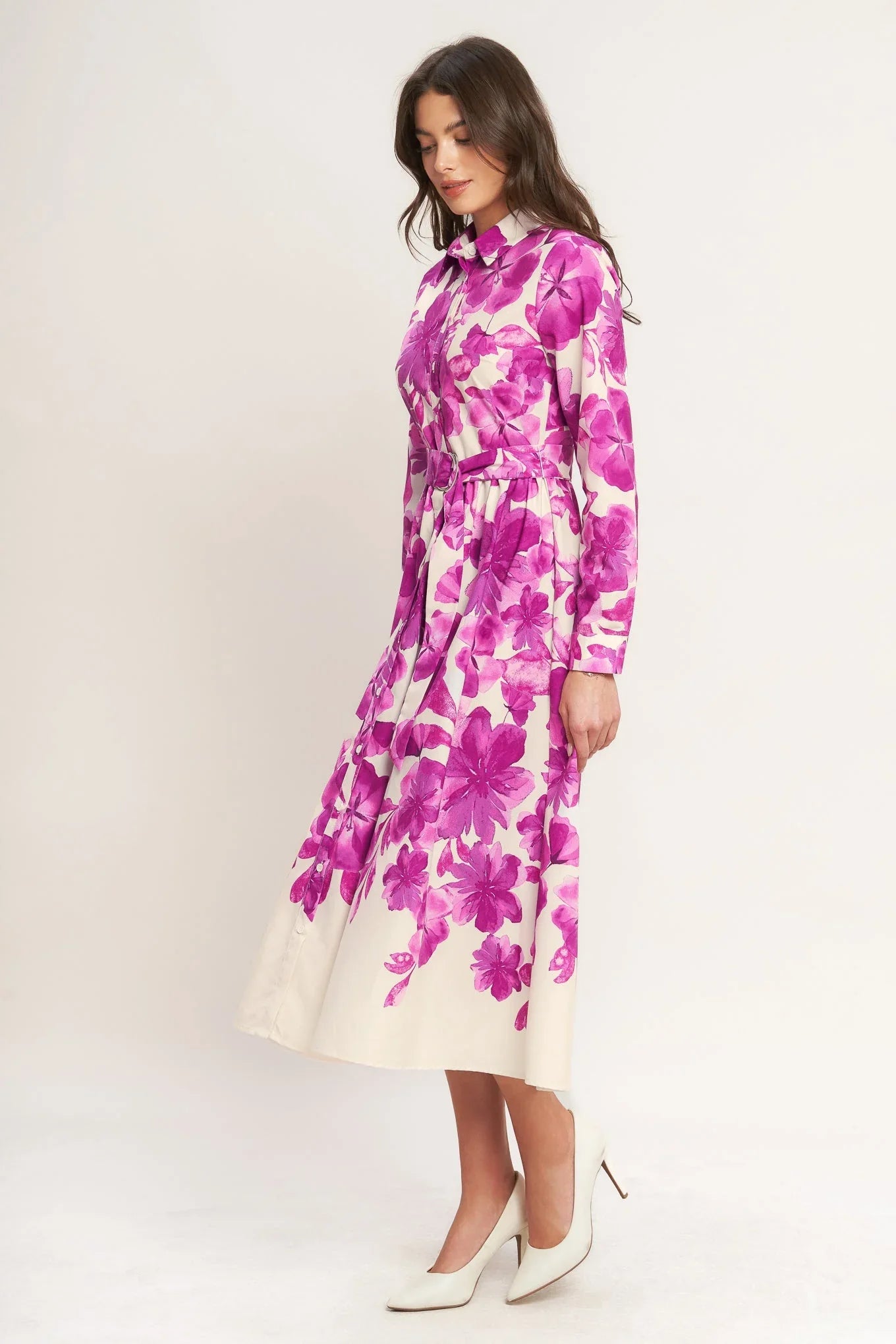 FUCHSIA PETAL FLORAL MIDI SHIRT DRESS