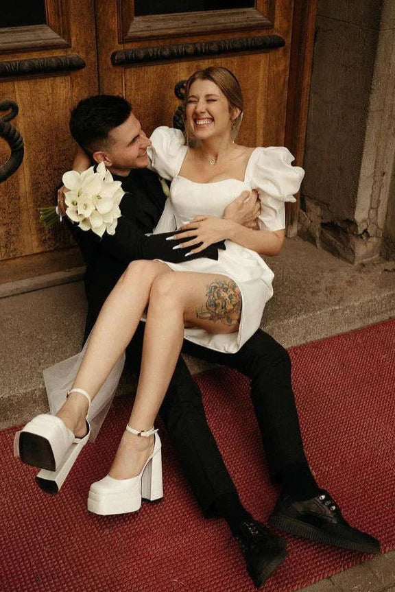 Bodycon Square Neck Satin Short Wedding Dresses with Lantern Sleeves