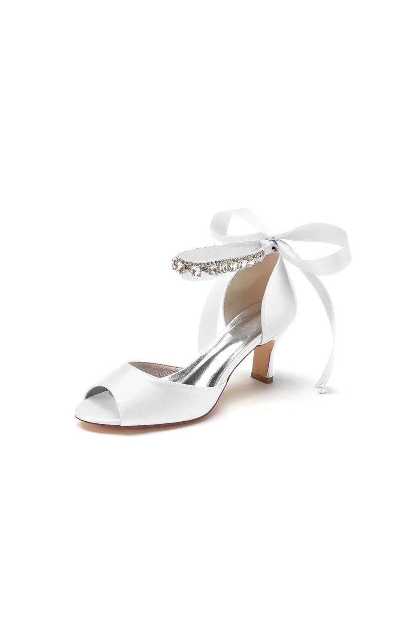 Rhinestone Peep Toe Wedding Sandals Chunky Heel Ankle Strap Shoes