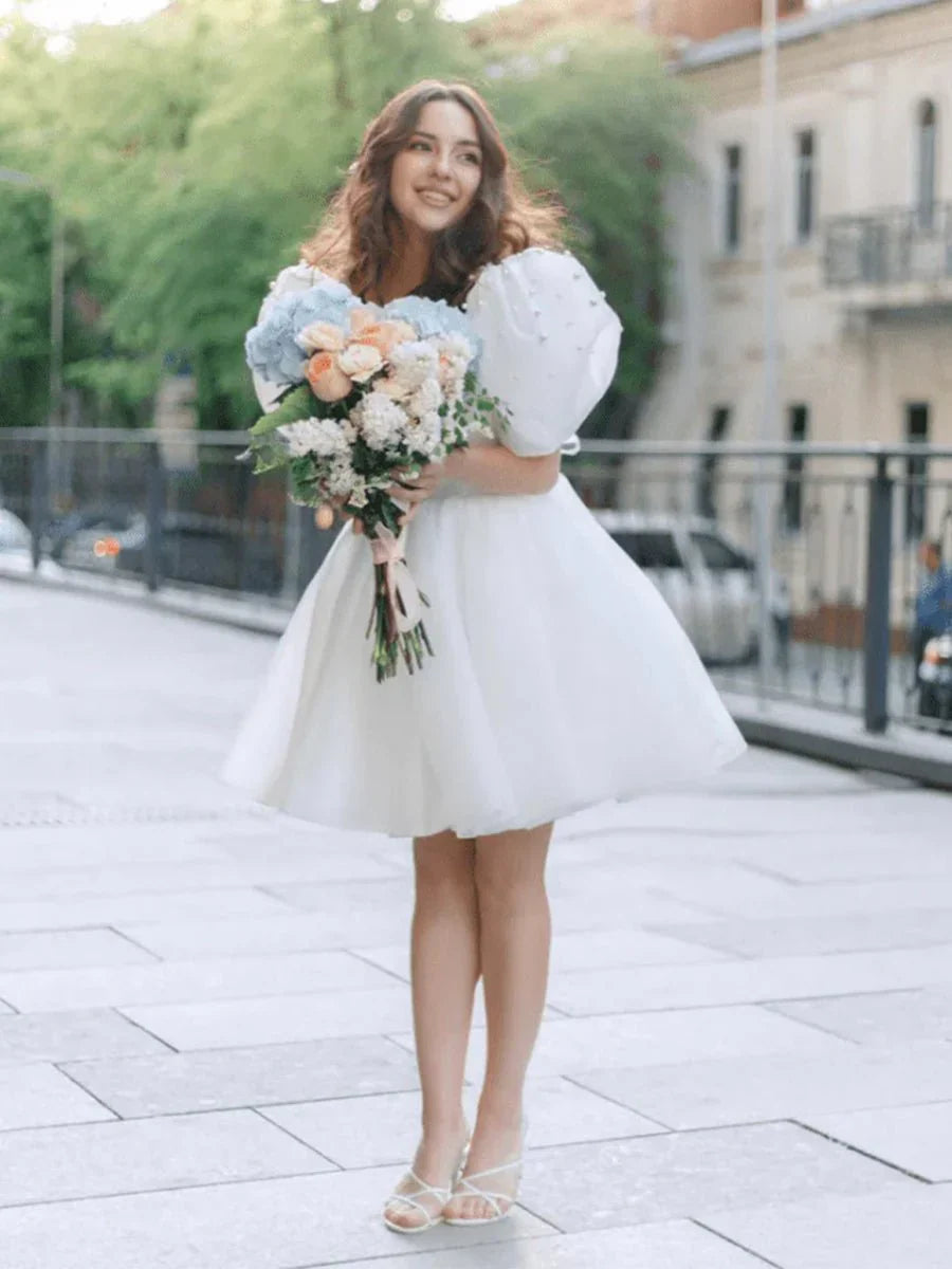 A Line Square Neck Short Wedding Dress With Puffy Pearls Sleeves
