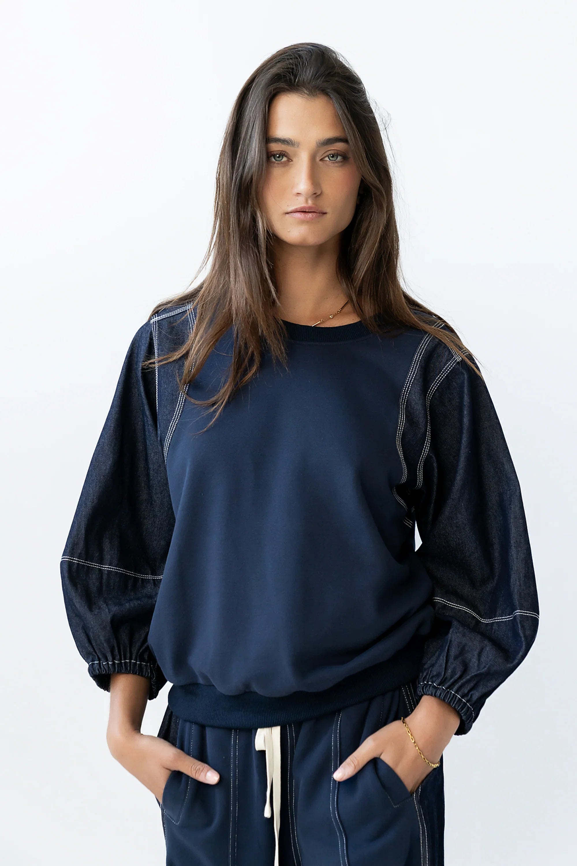 Malinda Mixed Media Top in Dark Wash FINAL SALE