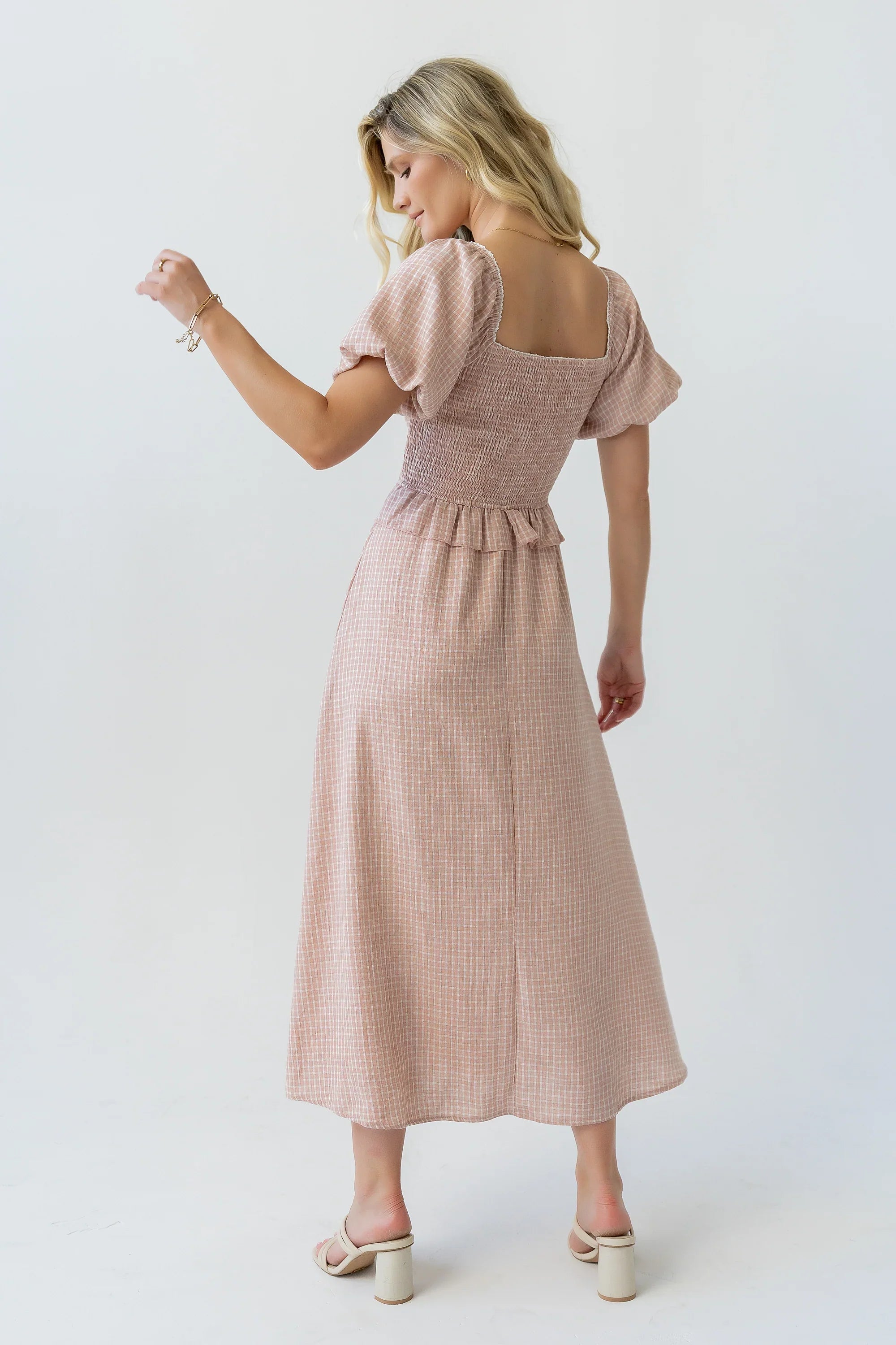 Renley Plaid Midi Dress in Clay