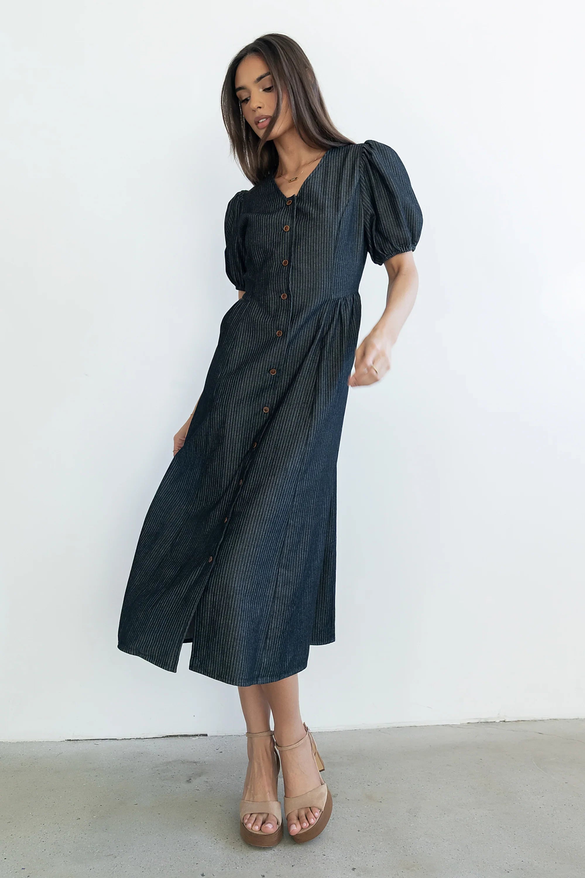Conley Pinstripe Midi Dress in Black