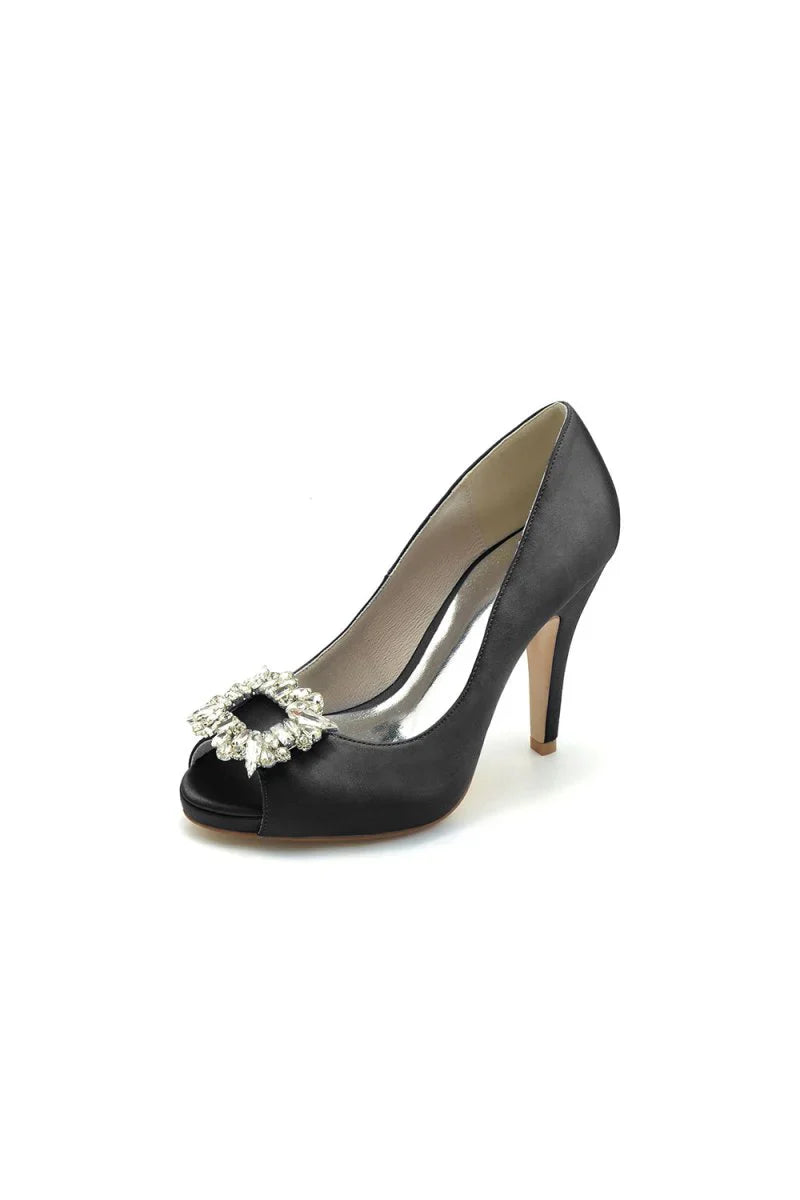 Peep Toe Slip on Stiletto Heels With Rhinestone