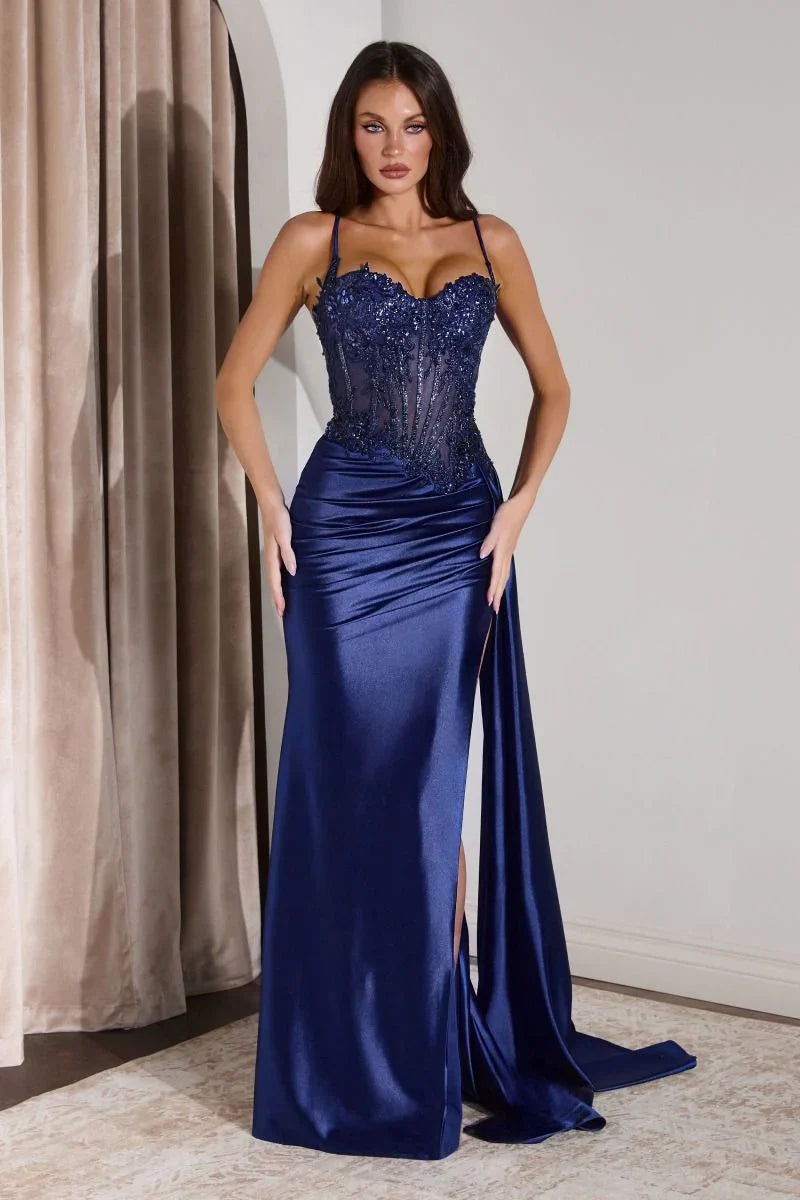 Teagan Gown Navy Fitted Satin Lace Dress