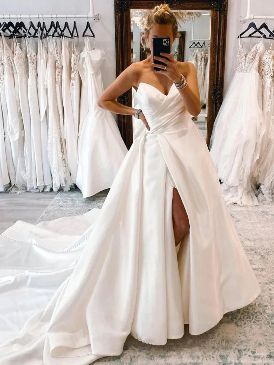 White Satin Long A Line Wedding Dress with Slit