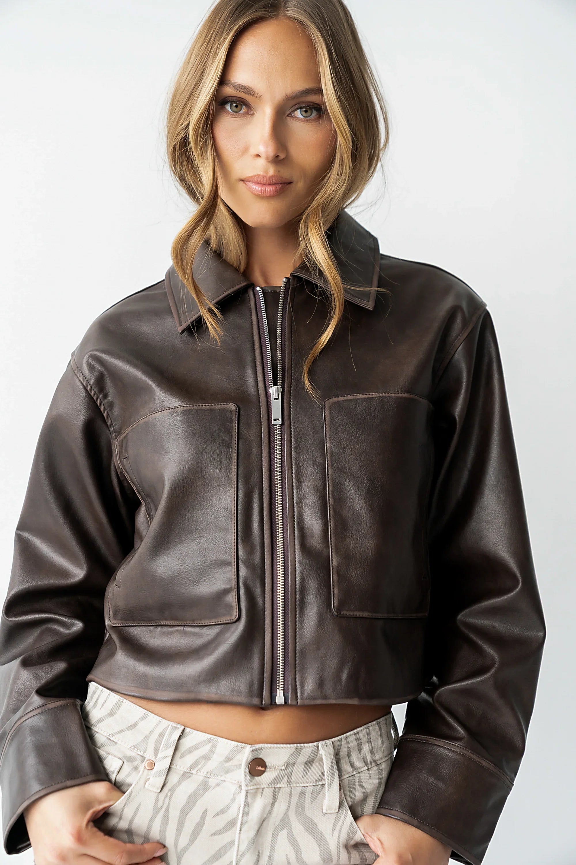 Jaymie Vegan Leather Jacket in Brown
