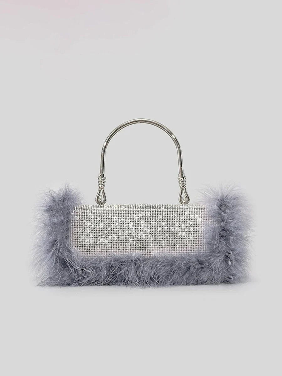 Womens Furry Rhionestones Evening Clutch Bags
