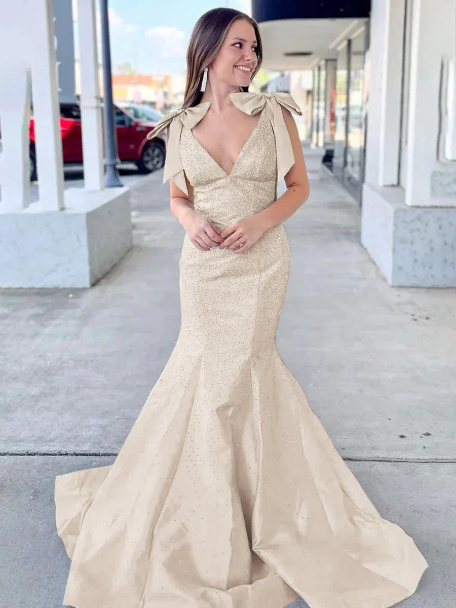 Sky Blue V Neck Mermaid Satin Long Prom Dress With Bow