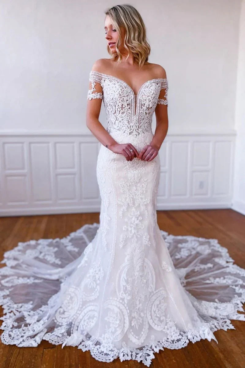 Mermaid Off the Shoulder Short Sleeves Long White Lace Bridal Dress