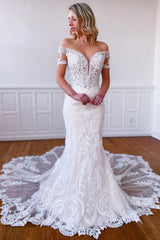 Mermaid Off the Shoulder Short Sleeves Long White Lace Bridal Dress