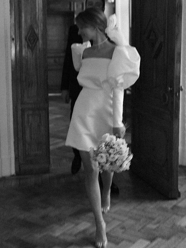 White Satin Short Wedding Dress with Puff Sleeves