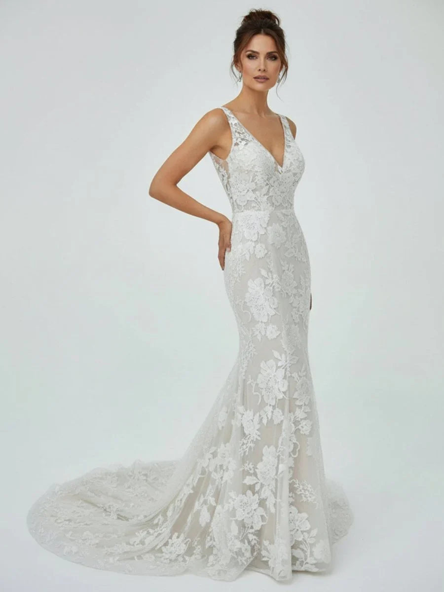 Floral Lace Appliques V Neck Sleeveless Mermaid Boho Wedding Dresses