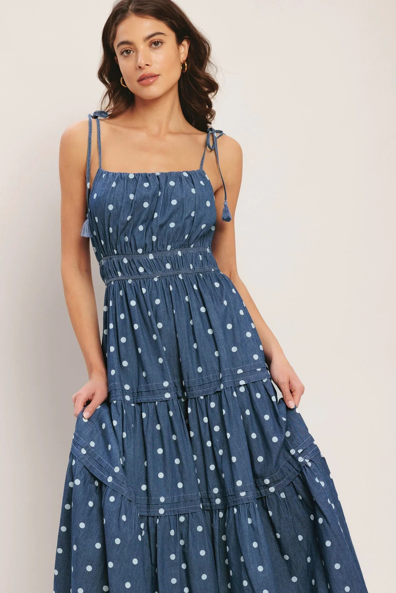 NAUTICAL POLKA DOT DENIM MIDI DRESS