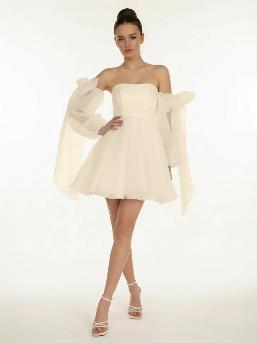 A Line Puff Long Sleeves Short Wedding Dresses With Bows