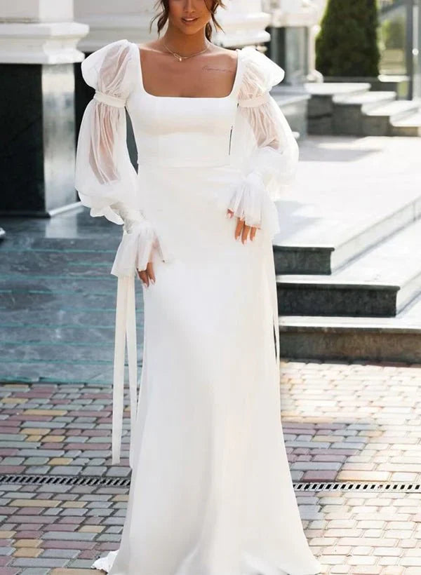 Mermaid Square Neckline Long Sleeves Satin Wedding Dresses